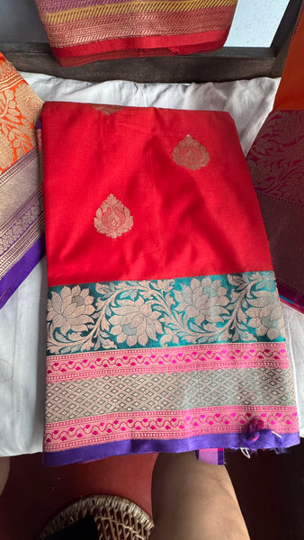 Tomato Red Soft Banarasi Pattu Katan Silk Saree with Zari weaves with Deep Navy Blue Border