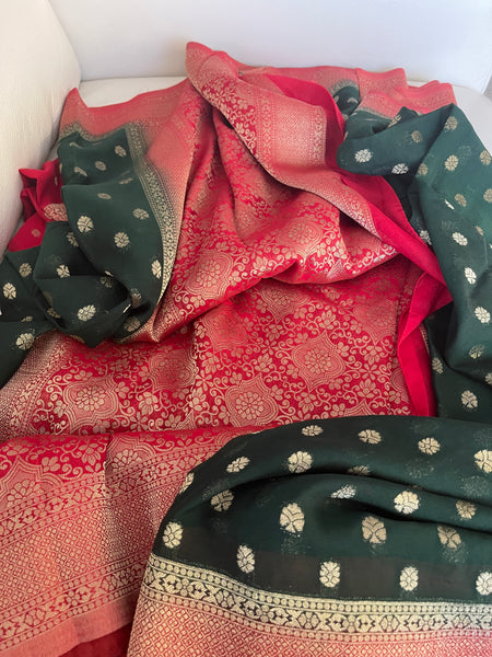 Forest Green and Red Georgette Chiffon Saree