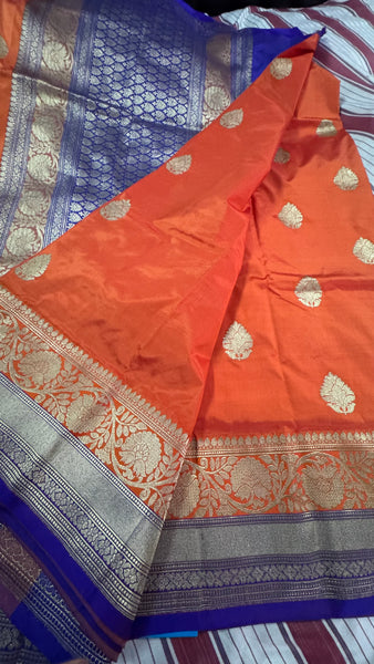 Pure Katan Silk Handloom Saree in Orange and Deep Purplish Blue