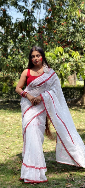 White Dhakai jamdani with Red Lace Border