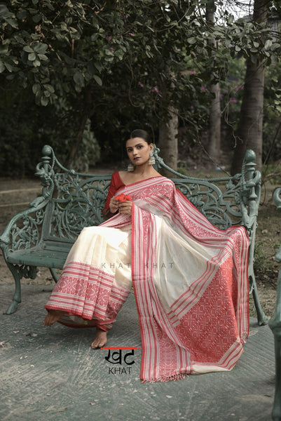 White and Red Handloom Cotton Tussar Saree