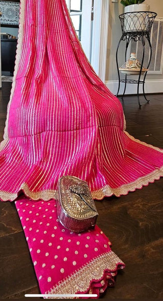 Hot Pink and Antique Gold Georgette chiffon scalloped border with weaving blouse