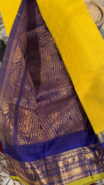 Yellow and Blue Pure Cotton Handloom Gadwal
