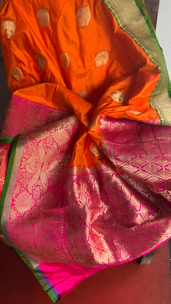 Pure Katan Silk Handloom Saree in Orange and Pink and Green