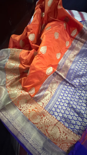 Pure Katan Silk Handloom Saree in Orange and Deep Purplish Blue