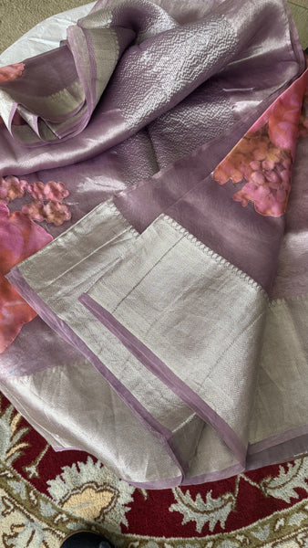 Pure Lavendar Tissue Silk Saree with Floral Applique Work