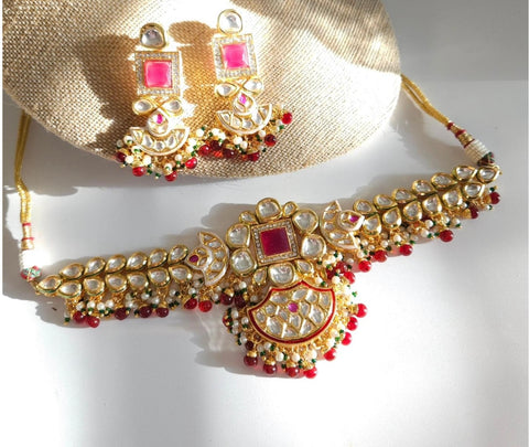 Red High Quality Kundan Choker Necklace Set with Matching Earrings.
