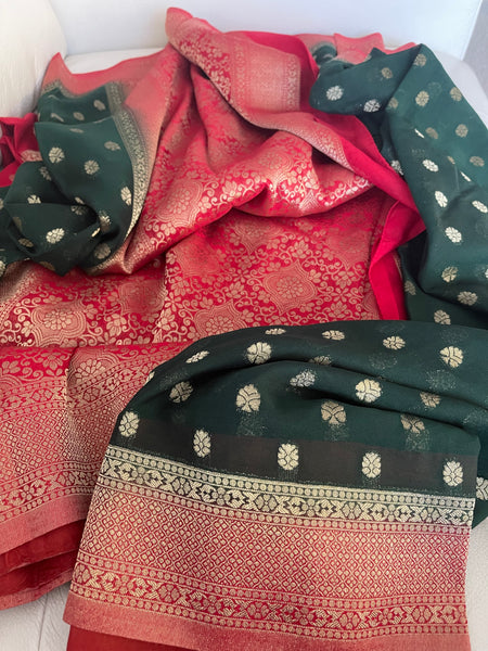 Forest Green and Red Georgette Chiffon Saree