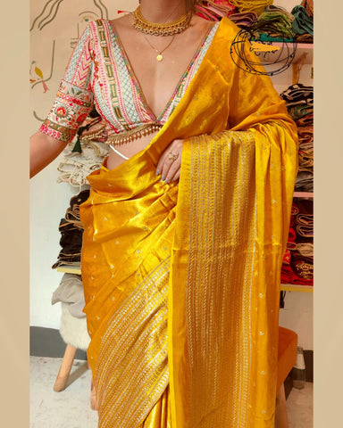 Sunflower Gold Machine Embroidered Gaji Silk Saree With Georgette Embroidery Blouse
