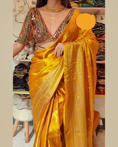 Yellow Gold Georgette Embroidered Blouse with Saree