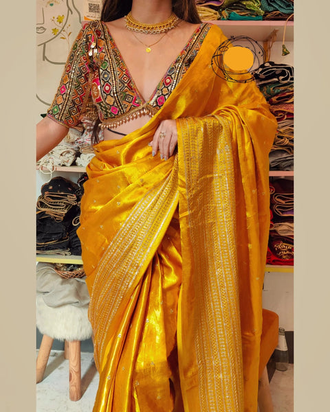 Yellow Gold Georgette Embroidered Blouse with Saree