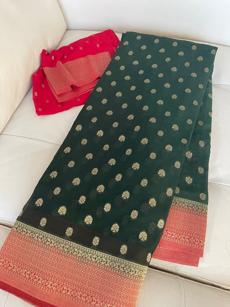 Forest Green and Red Georgette Chiffon Saree