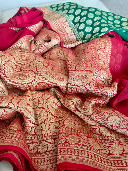 Green and Red Pure Khaddi Georgette Chiffon Silk Saree