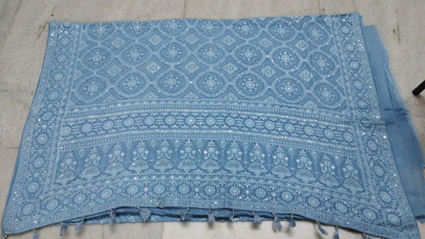 Sky Blue Chiffon Saree with Lucknowi Chikankari Work