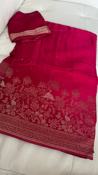 Hot Pink Magenta Mashru Silk Saree with Dual Tone Threadwork