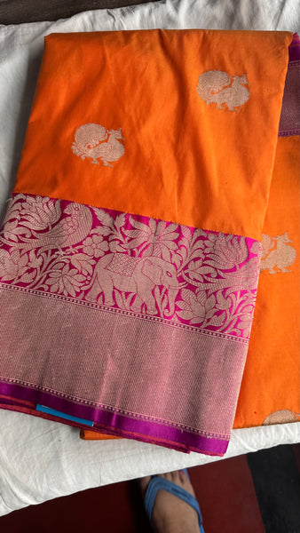 Pure Peacock Elephant Katan Silk Saree in Orange, Pink, and Magenta
