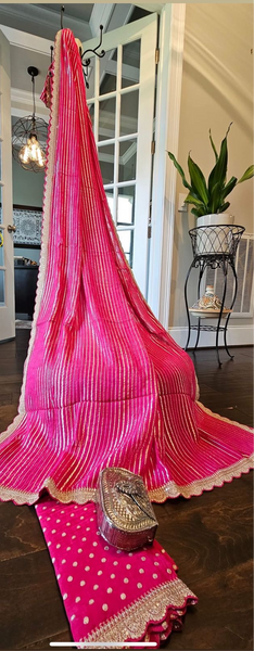 Hot Pink and Antique Gold Georgette chiffon scalloped border with weaving blouse