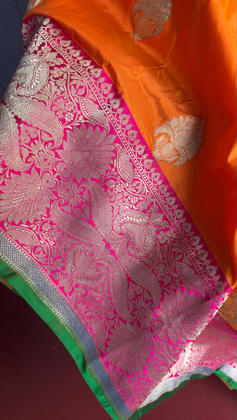 Pure Katan Silk Handloom Saree in Orange and Pink and Green