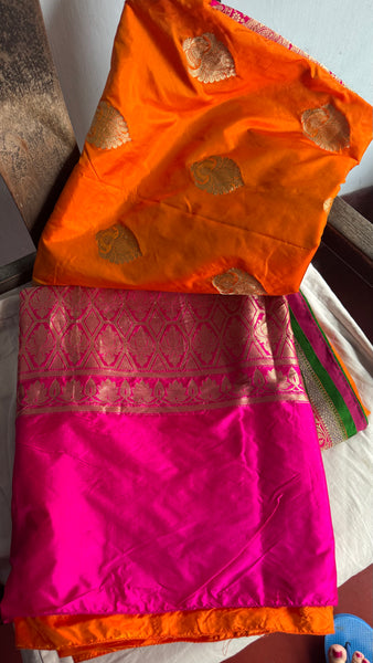 Pure Katan Silk Handloom Saree in Orange and Pink and Green