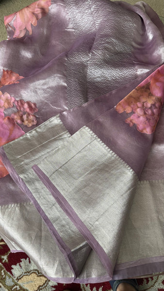 Pure Lavendar Tissue Silk Saree with Floral Applique Work