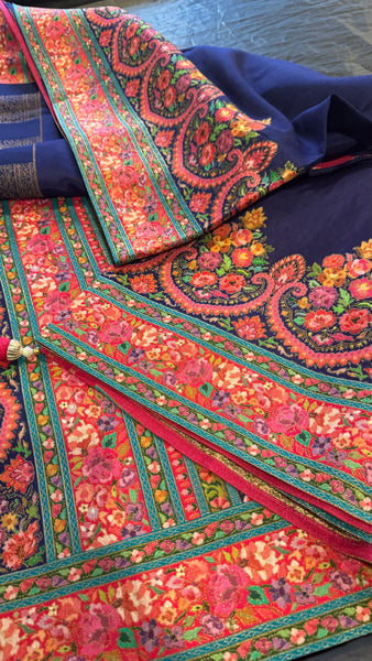 Navy Blue and Pink Kani Saree with Golden Zari