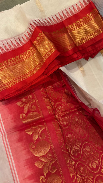 White and Red Cotton Gadwal Saree
