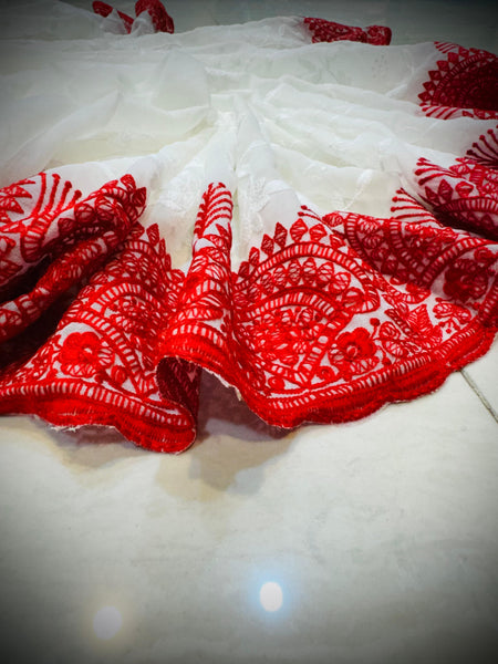 White and Red Pure Georgette Chiffon Chikankari Saree