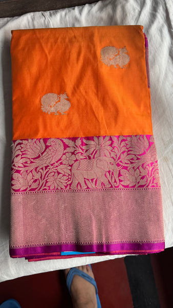 Pure Peacock Elephant Katan Silk Saree in Orange, Pink, and Magenta