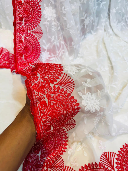 White and Red Pure Georgette Chiffon Chikankari Saree