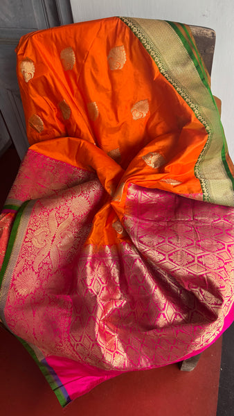 Pure Katan Silk Handloom Saree in Orange and Pink and Green