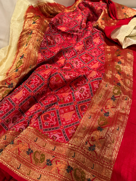 Off White and Red Muga Silk Saree with Embroidery and Ikkat Border
