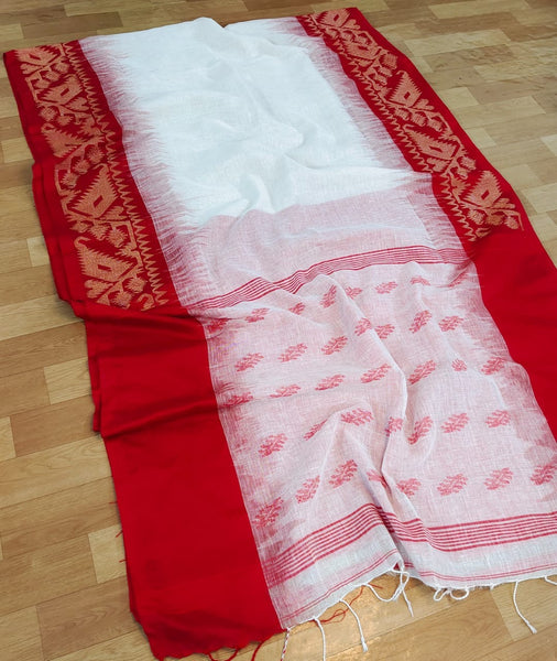 WHITE & RED ORGANIC LINEN JAMDANI SAREE