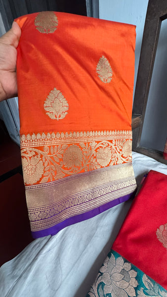Pure Katan Silk Handloom Saree in Orange and Deep Purplish Blue