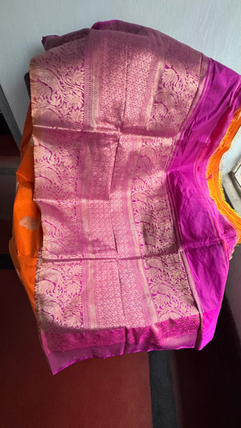 Pure Peacock Elephant Katan Silk Saree in Orange, Pink, and Magenta
