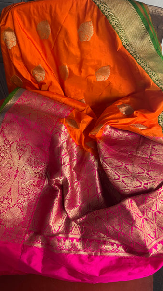 Pure Katan Silk Handloom Saree in Orange and Pink and Green