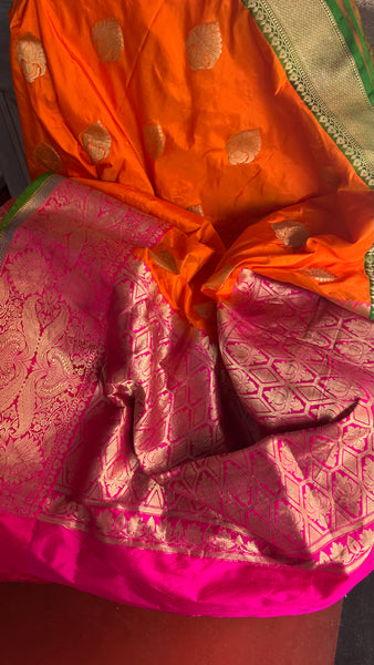 Pure Katan Silk Handloom Saree in Orange and Pink and Green