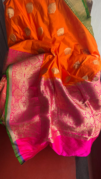 Pure Katan Silk Handloom Saree in Orange and Pink and Green