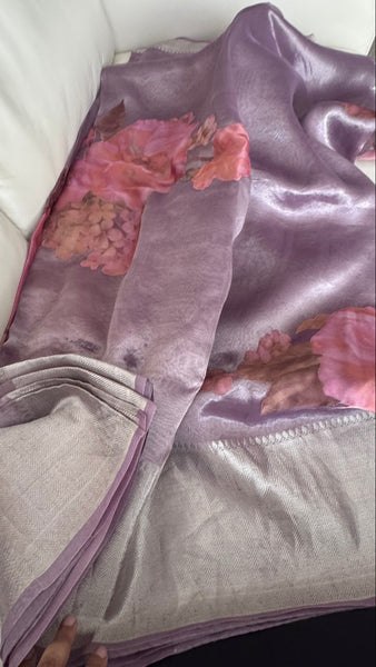 Pure Lavendar Tissue Silk Saree with Floral Applique Work