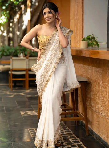 WHITE GEORGETTE SAREE WITH SEQUENCED CROCHET LACE