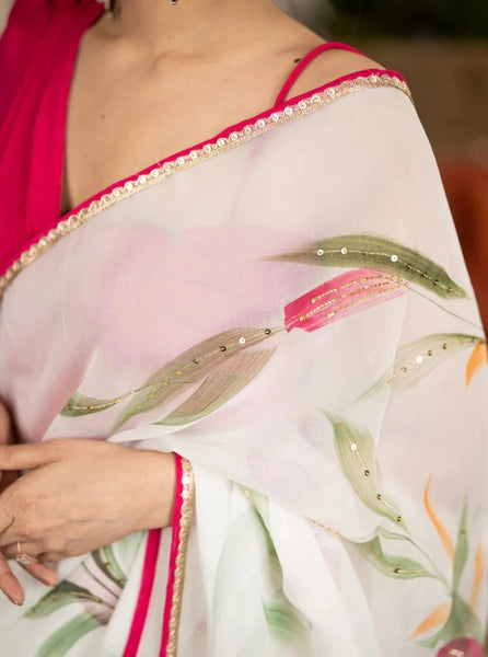 WHITE ORGANZA SAREE WITH FLORAL BRUSH PAINTING