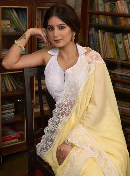 PASTEL YELLOW MODAL COTTON SAREE WITH LACES