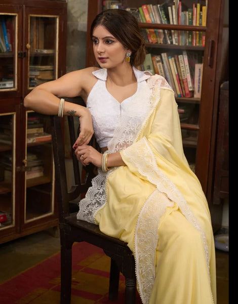 PASTEL YELLOW MODAL COTTON SAREE WITH LACES