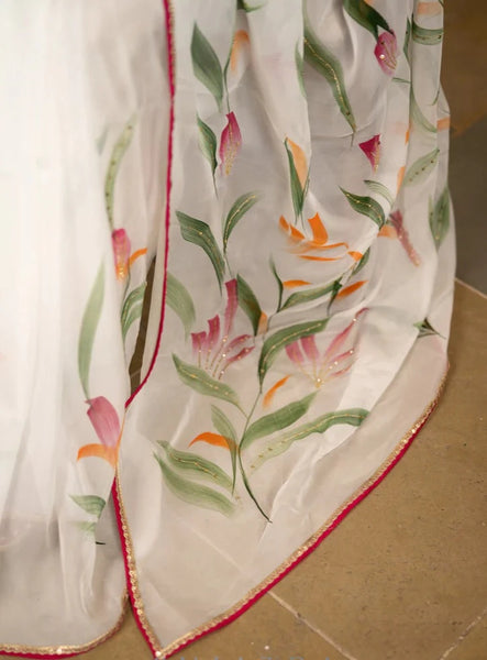 WHITE ORGANZA SAREE WITH FLORAL BRUSH PAINTING