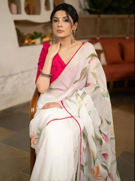 WHITE ORGANZA SAREE WITH FLORAL BRUSH PAINTING