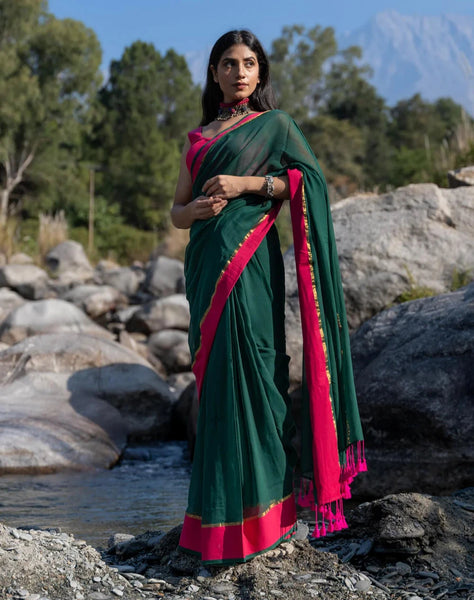 Soft Mul Cotton Green Saree With Tassels