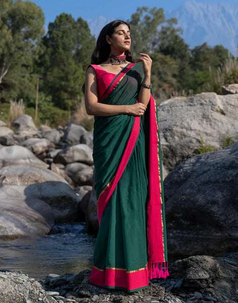 Soft Mul Cotton Green Saree With Tassels
