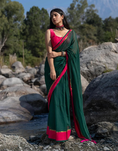 Soft Mul Cotton Green Saree With Tassels