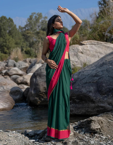 Soft Mul Cotton Green Saree With Tassels