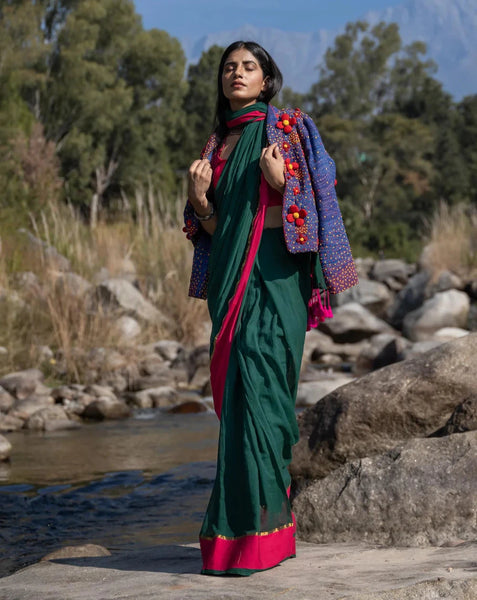 Soft Mul Cotton Green Saree With Tassels