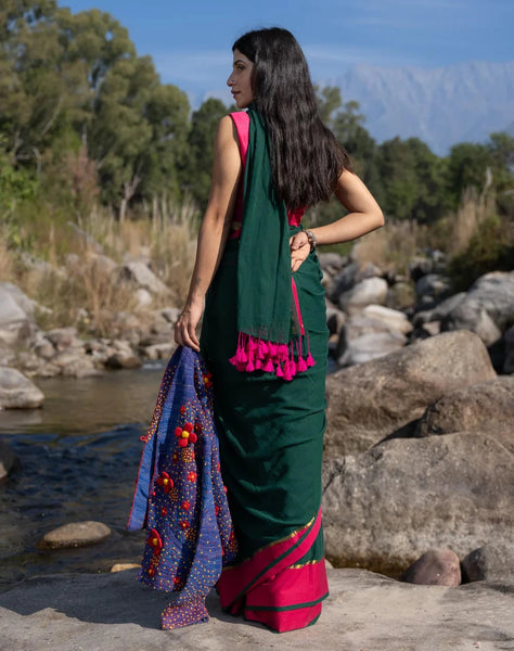 Soft Mul Cotton Green Saree With Tassels